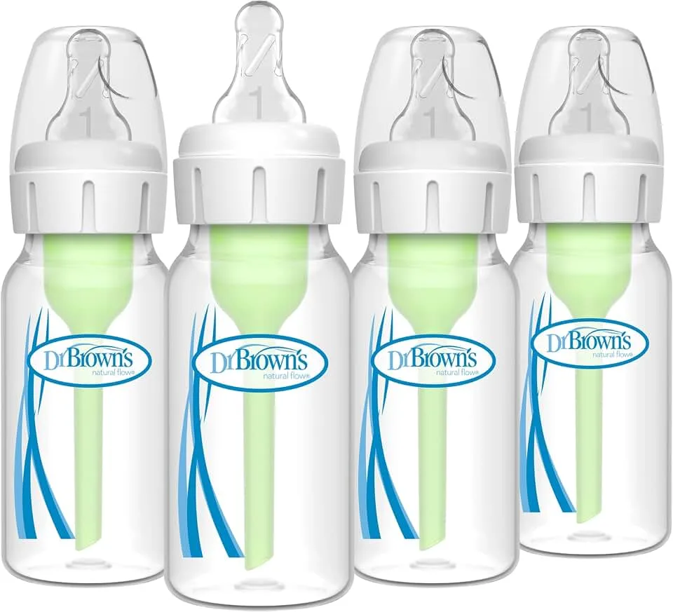 Dr. Brown's Natural Flow Anti-Colic Options+ Narrow Baby Bottle, 4 oz/120 mL, with Level 1 Slow Flow Nipp