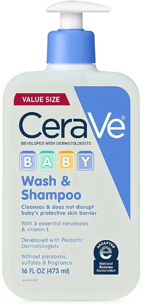 CeraVe Baby Wash & Shampoo, Tear-Free 2-in-1 Bath Wash for Hair & Skin, with Vitamin E, Fragrance-Free, Parabe
