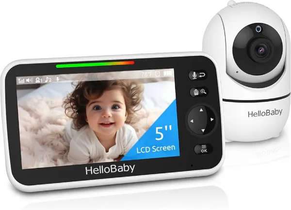 HelloBaby No WiFi Baby Monitor 5" Screen 30-Hour Battery Pan-Tilt-Zoom Video Upgrade with Camera and Audi